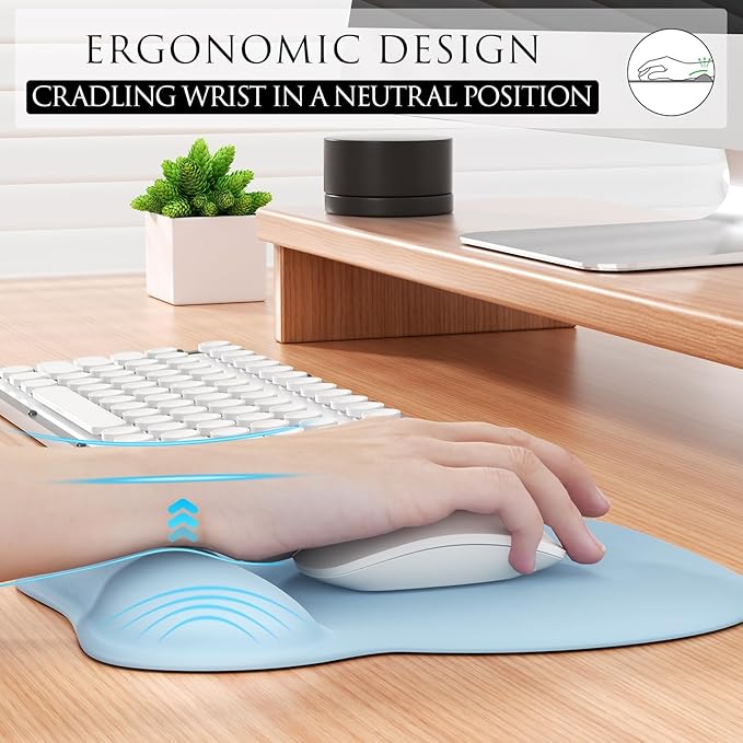 MROCO Ergonomic Mouse Pad with Gel Wrist Rest, Comfortable Mousepad with Smooth Wrist Support Surface and Non-Slip PU Base for Pain Relief, Computer, Laptop, Office & Home, 9.4 x 8.1 in, Sky Blue