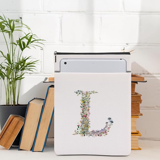 Monogrammed Book Sleeve Floral L Initial Book Pouch Book Accessories Book Lovers Gifts Waterproof Book Cover Book Protector Bookish Gifts Personalized Gifts for Women Girls Readers Bride Librarian