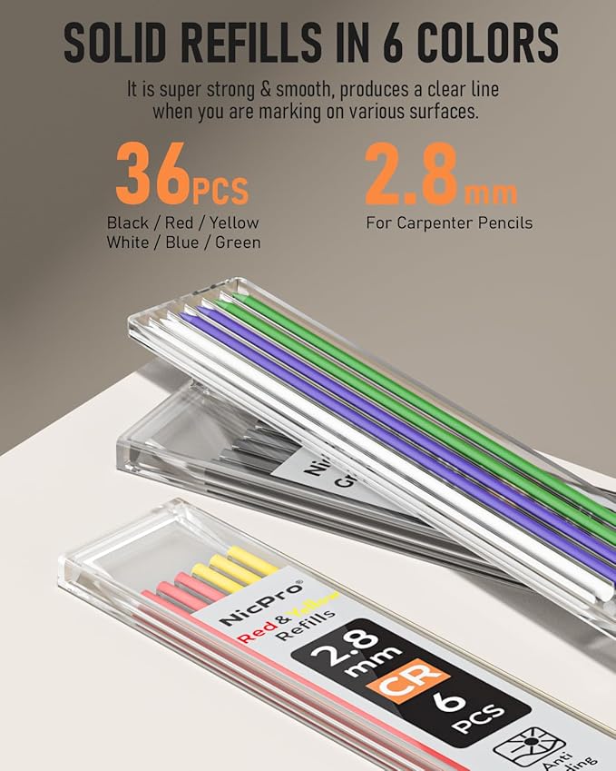 Nicpro 5 Pack Carpenter Pencil with Sharpener, Mechanical Pencils Set with 41 Refills (Red, Black, Yellow, White, Green, Blue), Deep Hole Marker Construction Heavy Duty Woodworking Pencils - With Case
