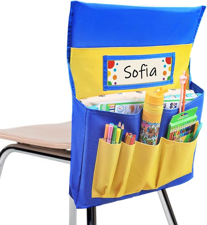 VNOM Chair Back Pocket School Seat Chair Storage Pocket Organizer with Label Slot Multiple Pockets for School Home Classroom Preschool Daycare (Yellow+Blue)