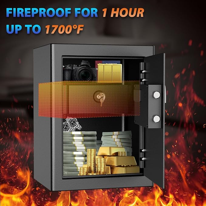 WASJOYE Fingerprint Biometric Safe Box Fireproof - Fingerprint Safe Box with Fireproof Lock Box, 2.5 Cubic Feet Fingerprint Safe for Home Office Hotel Jewelry Cash Documents Valuables Storage