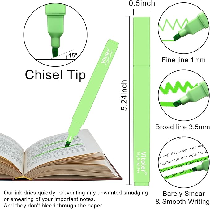 Vitoler 10Pack Bible Highlighters, Cute Assorted Colors Pastel Highlighters No Bleed Chisel Tip Highlighters for Aesthetic School Supplies