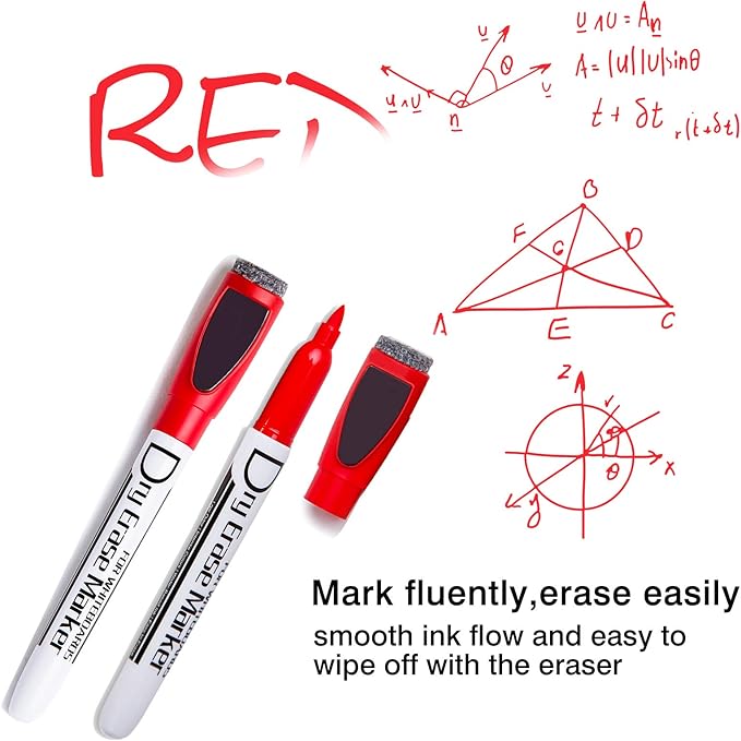 Volcanics Magnetic Dry Erase Markers With Eraser Cap Low Odor Fine Tip Whiteboard Pens Whiteboard Markers for Kids, Pack of 12, Red