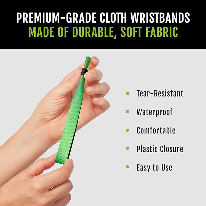 Wristco 100 Green Cloth Event Wristbands – Plastic Closure to Prevent Transfer or Reuse – Premium-Grade Fabric Bracelets for Party Entry, Summer Camp, VIP Identification, Drink Ticket ID