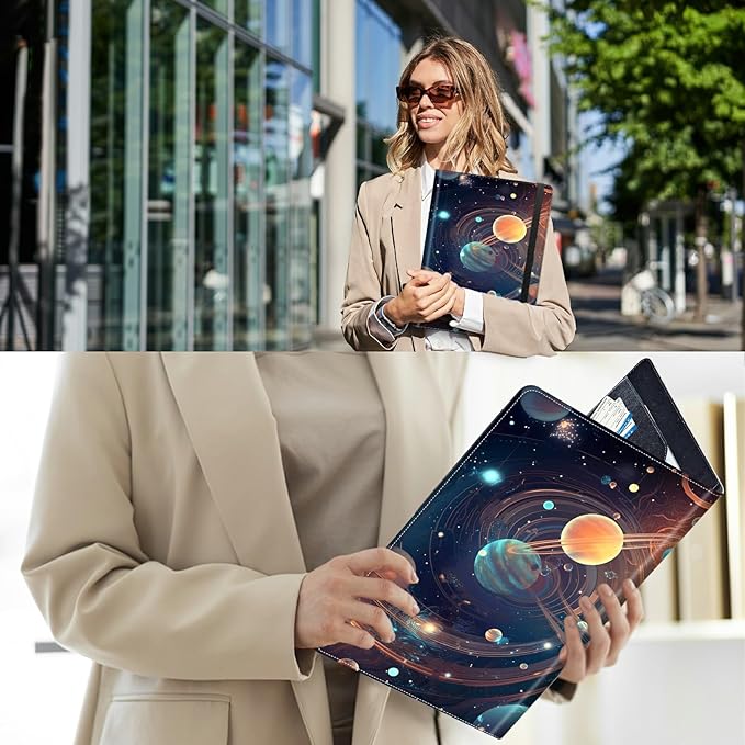 PU Leather Padfolio Folder Clipboard Portfolios Organizer Conference Document Organizer with Business Card Holder Storage Clipboard Writing Pad,Starry Night Moons Sun