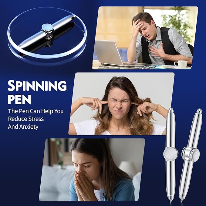 Chinco 2 Pieces Fidget Spinning Pen with LED Light Multi Functional Help Thinking Ballpoint Gift Pen for Adults Students Teenage(White Gold)