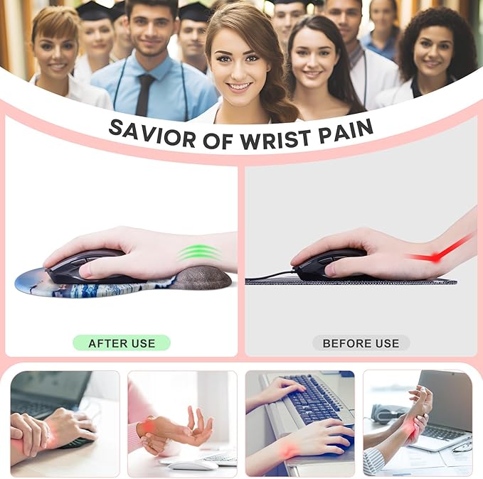 JIKIOU Mouse Pad, 2 Pack Ergonomic Mouse Pads with Comfortable Gel Wrist Rest Support and Lycra Cloth, Non-Slip PU Base for Easy Typing Pain Relief Durable and Easy to Clean Small Beach