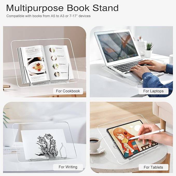 Acrylic Book Stand, UPERGO Angle Adjustable Book Display Stand,Foldable Cookbook Stand, Lightweight Book Holder for Magazines, Laptop, Recipe, Textbook