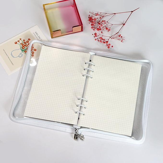 Multibey A5 Binder Cover Clear Soft PVC 6-Ring Binder Budget Cash Evelopes System with Zipper Planner Organizer Refillable Notebook Journal Binder (White, A5)