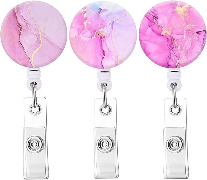 Retractable Badge Reel,Badge Holder with Alligator Clip,Cute Badge Clip on ID Name Card Holders for Nurse Doctor and Office (3Pack Marble Pink)