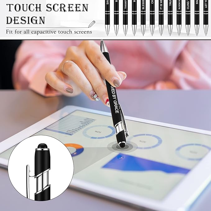 Zonon 12 Pieces Inspirational Pens Bulk Easter Basket Stuffers Motivational Quotes Ballpoint Pens with Stylus Tip Inspirational Gifts for School Office Teachers(Black,Bible Style)