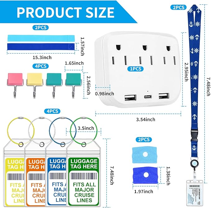 15 Pcs Cruise Essentials Accessories Kit Must Haves Set Include Non-Surge Power Strip, Retractable Cruise Lanyards for Ship Card, Luggage Tags Holder, Towel Bands, Anti Nausea Wristband, Magnetic Hook