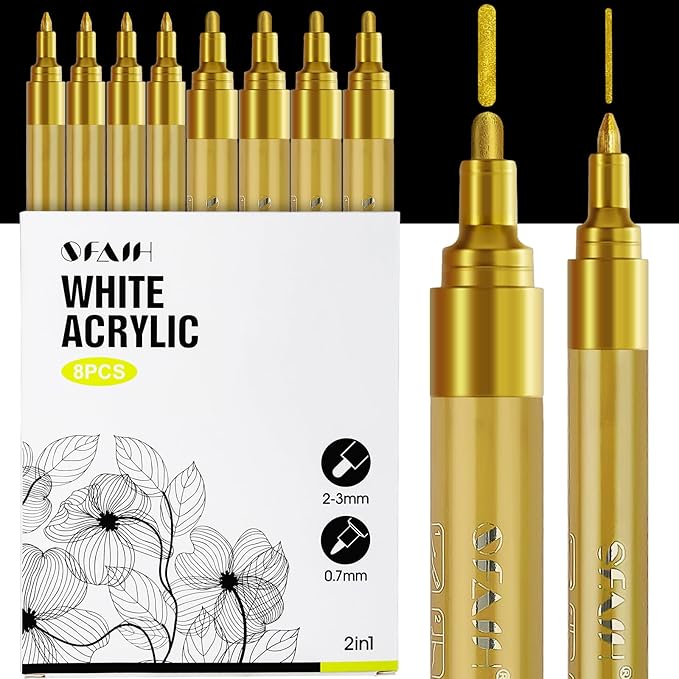 SFAIH Acrylic Gold Paint Pens - 8 Pack 2-3MM Medium Tip & 0.7MM Extra Fine Gold Markers Permanent for Rock, Wood, Metal, Fabric, Plastic, Glass, Ceramic, Diy Crafts, Large Ink Capacity, High Coverage
