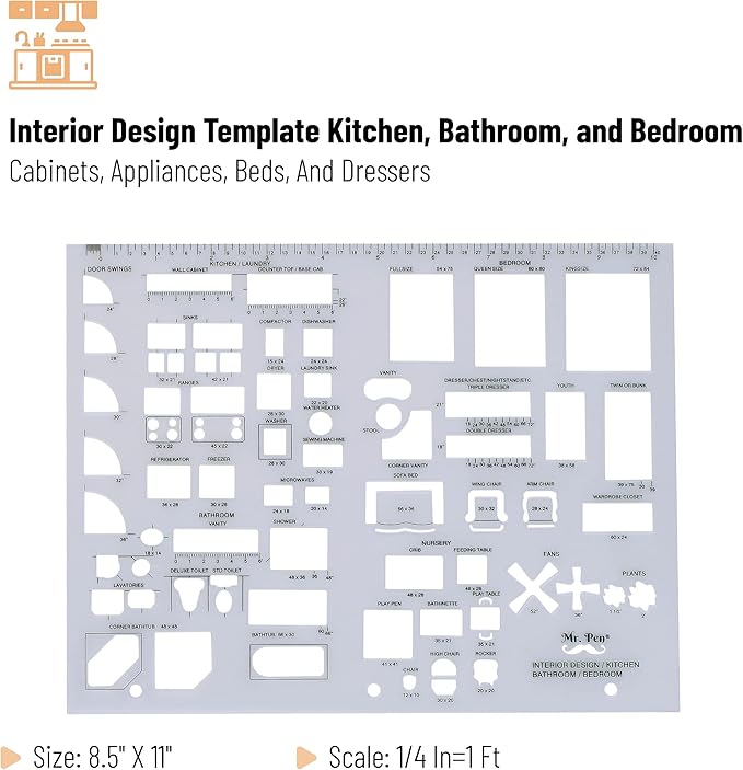 Mr. Pen- House Plan, Interior Design and Furniture Templates, Drafting Tools and Ruler Shapes for Architecture - Set of 3