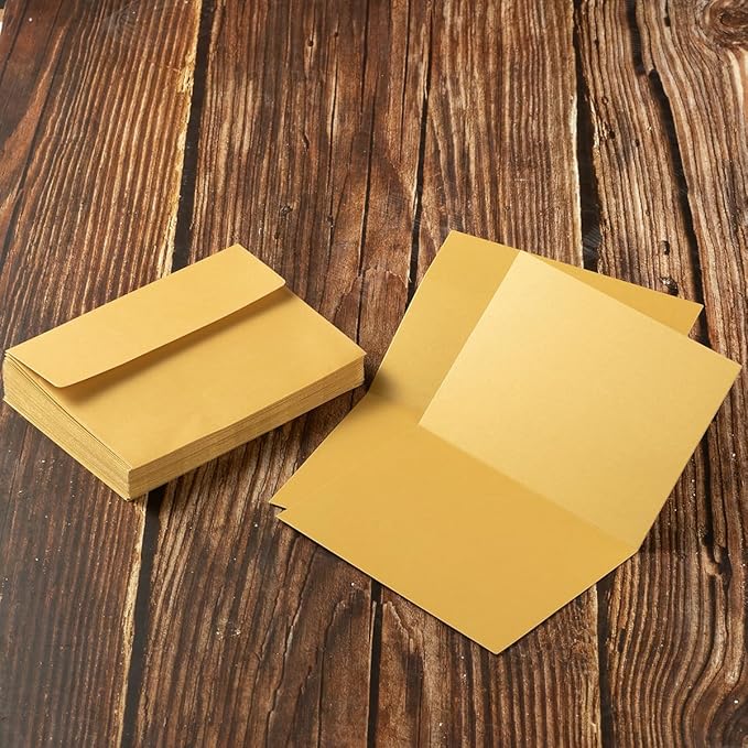 Wishop 50 Pack Shiny Self-Adhesive Envelopes with Shiny Fold Cards for Wedding Invitations, Greeting Cards, Baby Shower, Letter Mailing (Gold, 5x7)