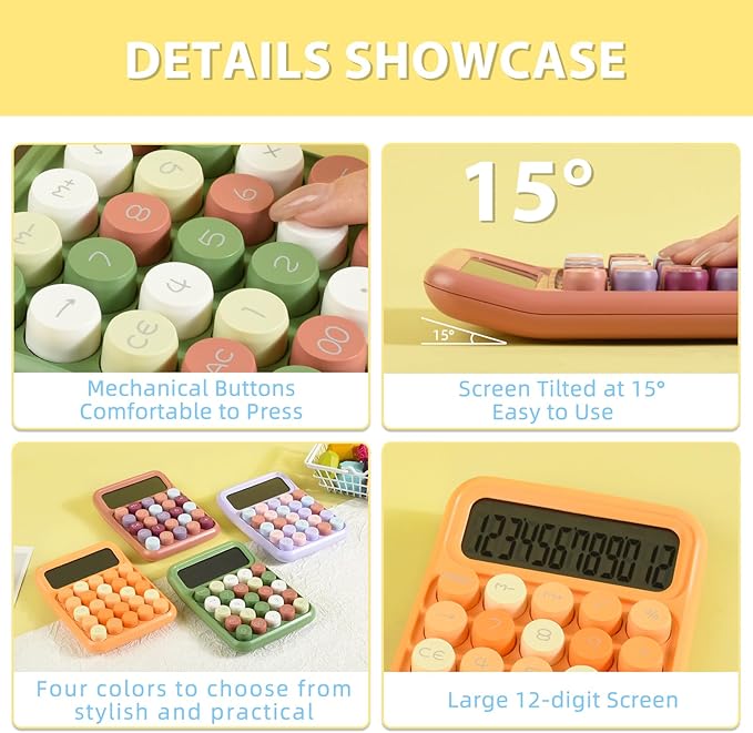 Desktop Mechanical Calculator, 12-Digit Large LCD Display Basic Standard Calculators with Cute Big Buttons, Office Accessories, School Supplies (Coffee)