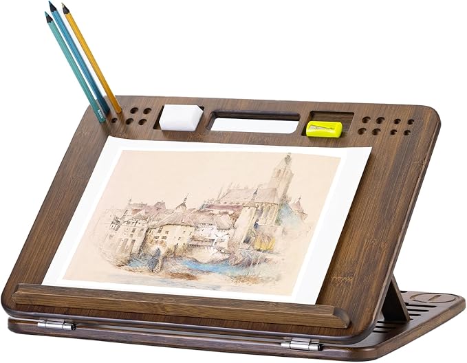 StrongTek 6-Position Bamboo Table Easel, 16x12 Inch Adjustable Drawing and Sketching Board with Built-in Handle and Back Storage, Portable Art and Lap Desk for Sketching, Reading, and Book Stand