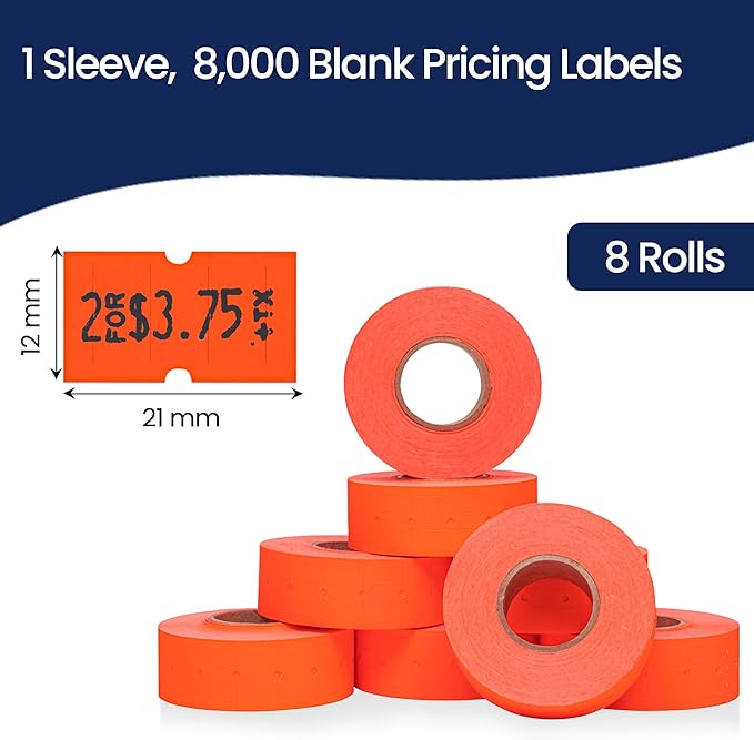 Perco 1 Line Fluorescent Red Labels - 8 Rolls, 1 Sleeve, 8,000 Blank Price and Date Gun Labels for Perco 1 Line Price and Date Guns - Made in USA