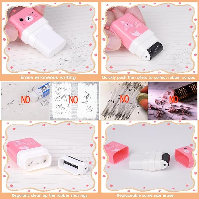 12Pack of Pencil Erasers,Pencil Eraser Shaving Roller Case for Easy Pick Up and Removal | Animal Themed Cute and Fun Party Favor and School Supplies for Kids,Back to School Gift