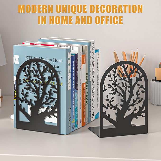 VFINE Tree Style Bookends 3 Pairs, Bookends for Shelves, Tree Metal Book Ends, Book Holder for Shelves, Decorative Unique Black Book Ends to Hold Books, Book Stopper Office Supplies