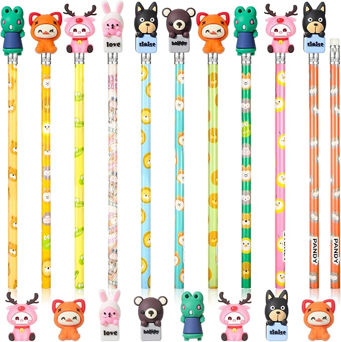 Ireer 60 Pcs Scented Pencils for Kids Animal Fruit Fun Smelly Pencils Bulk HB Graphite with 60 Pcs Cute Cartoon Toppers Gift for School Office Classroom Party Reward Supplies(Cute Style)