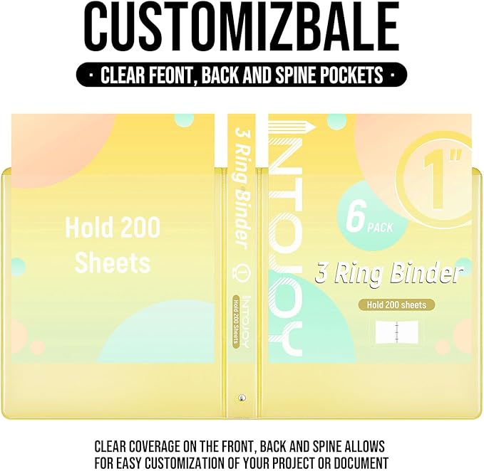 3 Ring Binder 1 Inch, IntoJoy 6 Pack Clear View 3 Hole Binder PVC-Free Fits 8.5x11 Inch Paper Flexible Round Ring Binders for School Office Home Binder Supplies (Yellow)