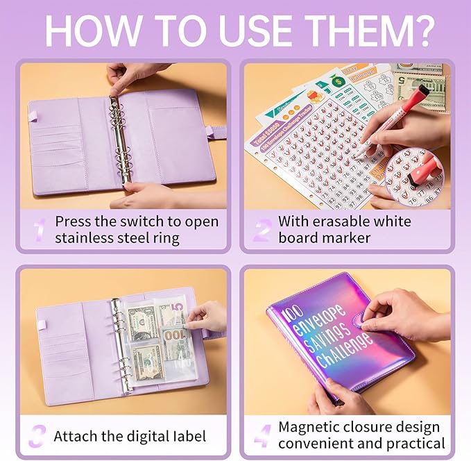 100 Envelopes Challenge Binder Savings Challenges Book, A5 Money Saving Planner Cash Envelope Budget Binder with Erasable Pen, Easy and Fun Way to Save $5,050, 10,000 and $500 (Black)