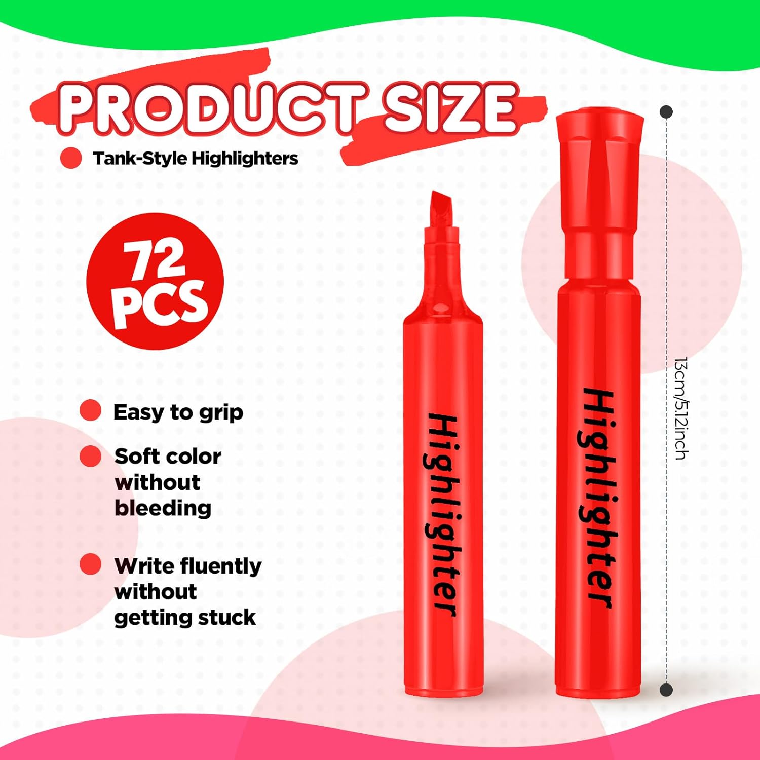 Qilery 72 Pack Highlighters Bulk, Tank Style Chisel Tip Highlighters Markers Quick Drying for Kids and Adult Coloring, Classroom Home Office School Supplies (Red)