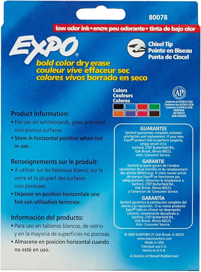 EXPO Low Odor Dry Erase Markers, Chisel Tip, Assorted Colors, 8 Count