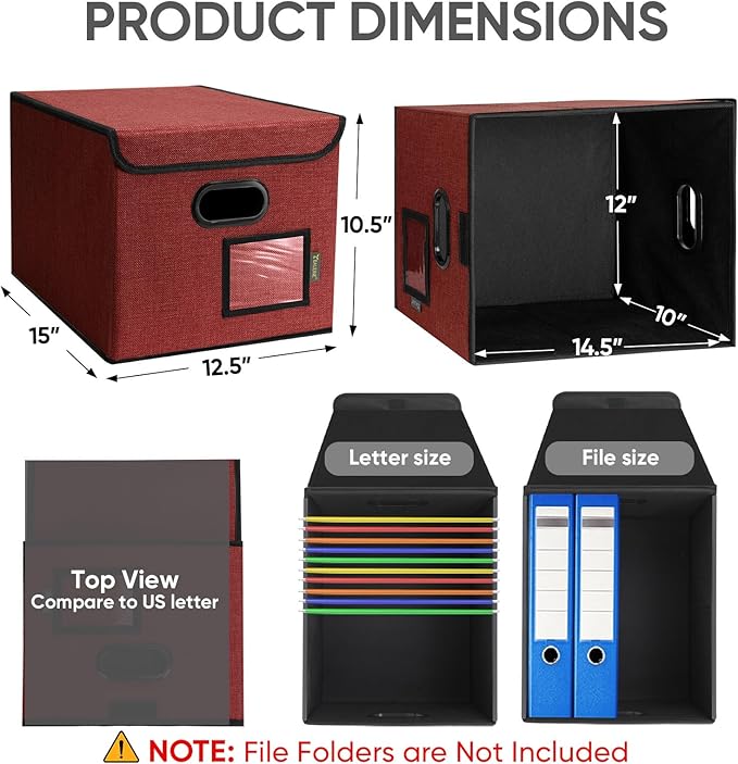 BALEINE File Organizer Box with Lid, Collapsible File Folder Organizer with Plastic Slide, Hanging File Folder Box for Office Document Storage (1 Pack, Red)