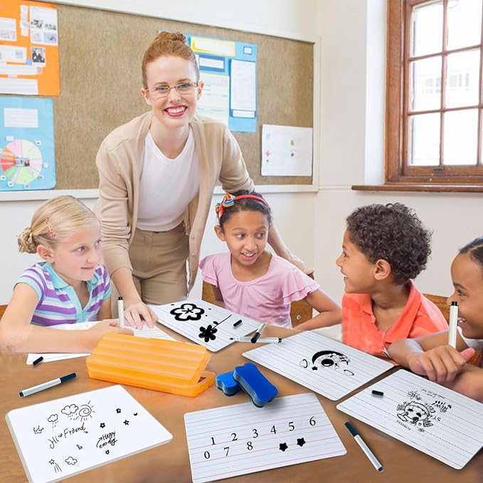 24 Pack Dry Erase Boards, 9"x12" Double Sided Whiteboards Small Whiteboards with Lines for Students, Kids, Teacher Classroom, Mini Portable White Boards with 24 Makers, 24 Erasers