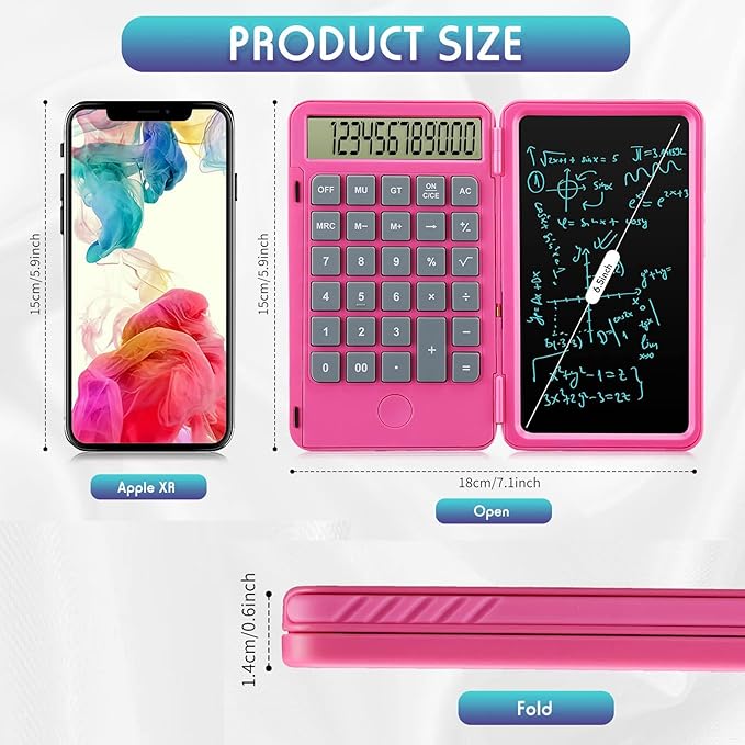 Hion Calculators,12-Digit Large Display Rechargeable Pocket Office Desktop Calculator with Erasable Wiriting Tablet,Mute Basic Desk Calculators with Doodle Pad for Student Home School,Pink