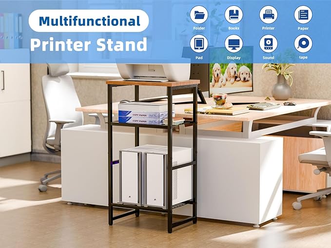 Printer Stand Holder 4 Tier - Heavy Duty Metal Shelving Unit for Printer Shelf Office Organizer, Industrial Printer Side Table with Wood Desk for Scanner Fax Machine, Bronze