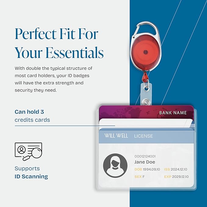 Will Well ID Badge Holders with Clip and Keyring - Horizontal Clear Plastic 3.7" x 2.5" Sleeves Fit Up to 3 Cards - Retractable 24" UHMWPE Fiber Pull Cords - 2-Pack, Transparent Red Reels