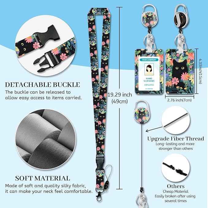 Lanyards for Id Badges, Cat Flower Floral Badge Holder with Retractable Reel Clip, Cute Work Name Tags Keychain Lanyard ID Card Protector Cover Case for Women Teacher Nurse Doctor Office
