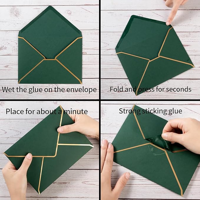 50 Pack A4 Envelopes Dark Green 4x6 Self-Adhesive V Flap Envelopes with Gold Border for Office, Wedding Gift Cards, Invitations, Graduation, Baby Shower, Parties (4.25x6.25 inches)