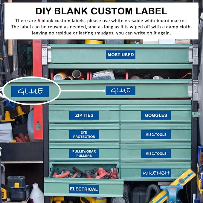 Tool Box Organization Magnetic Labels,Tool Chest Organizer Labels with Strong Magnets,Easy to Read Printing - Fits All Brands of Steel Tool Box Drawers,Blue-(72 Pcs, 4 x 1 Inches)