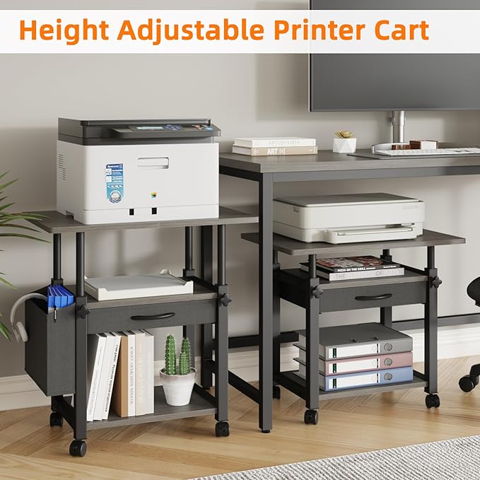 22"x15" Large Printer Stand with Storage Drawer and Side Bag, 3-Tier Height Adjustbale Printer Cart for Home Office, Rolling Printer Table fit Heat Press/Laser printer/3D Printer(Grey)