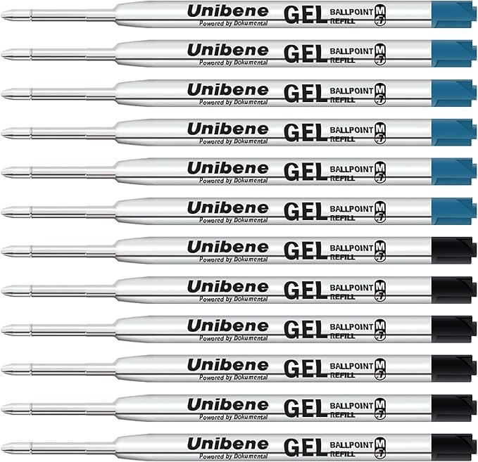 Unibene Parker Compatible Gel Ink Ballpoint Refills 12 Pack,0.7mm Medium Point- 6 Black&6 Blue, Smooth Writing Replaceable German Ink Tactical Pen Refills for Parker Ballpoint/UZI Pen