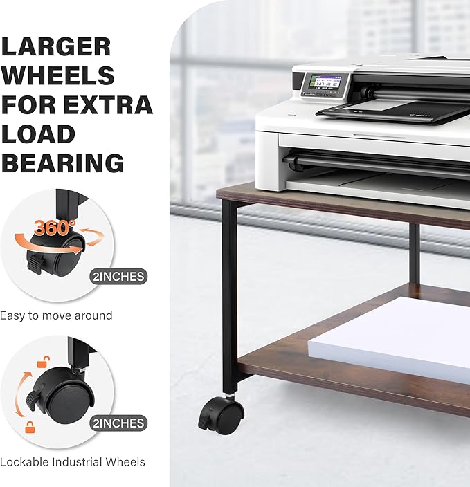 EMERIT 2-Tier Under Desk Printer Stand w/Storage - 19.5x19.5x12.8''Heavy Duty Rolling Cart, Mobile Printer Table with Lockable Wheels for Home Office Organization - Industrial Style