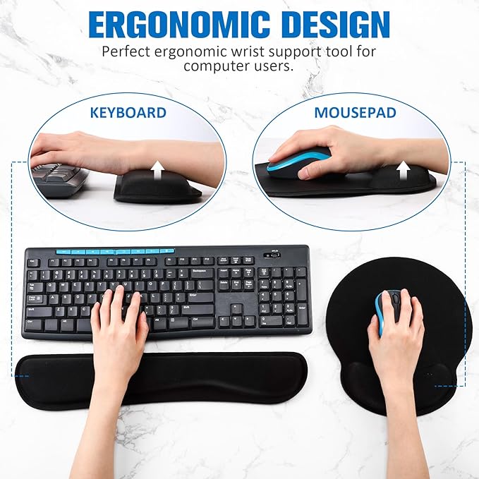 Yunsailing 4 Pcs Ergonomic Mouse Pad and Keyboard with Wrist Support Set Soft Smooth Gel Rest Comfortable Memory Foam for Easy Typing Gaming Computer Laptop Office Home
