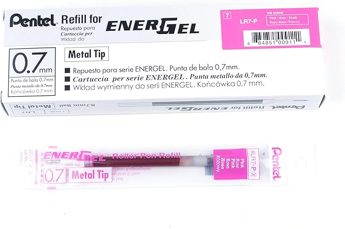Pentel Refill Ink For EnerGel and Lancelot Gel Pen, (0.7mm) Metal Tip, Pink Ink, Pack of 12 (LR7-P)