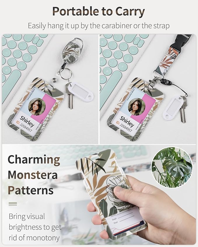 Uniclife Floral Sliding Badge Holder Monstera Leaves Plastic Case with Retractable Badge Reel Carabiner Clip and Detachable Lanyard Strap Vertical Card Protector for Women Nurse Teacher Student