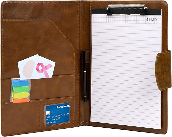 A4 Leather Portfolio Professional Organizer Padfolio,Stylish Document Folio Organizer with Magnetic,Resume Portfolios with Papers,Sticky Tabs,Pen for Interview Conference Presentation,Retro Brown