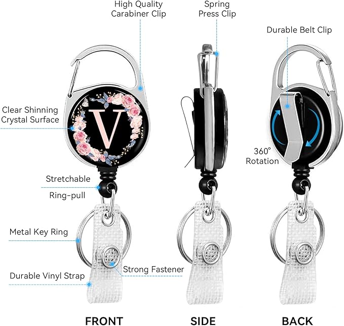 A-Z Badge Holder with Retractable Reel and Breakaway Lanyard Badge Clips Retractable Heavy Duty Badge Reel，Keychain，ID Holder with Breakaway Lanyard for School Nurse Office Teen V