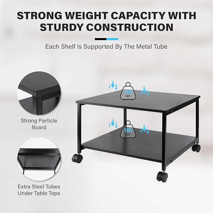 EMERIT 2-Tier Under Desk Printer Stand w/Storage - 19.5x19.5x12.8''Heavy Duty Rolling Cart, Mobile Printer Table with Lockable Wheels for Home Office Organization - Industrial Style