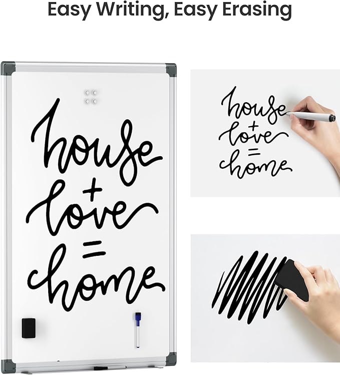 VUSIGN 3PCS Magnetic White Board Kit for Wall 36" x 24", 3 Dry Eraser & 6 Multicolor Markers & 12 Magnetic Pins, Sliver Reinforced Aluminum Frame for Home, School, Office