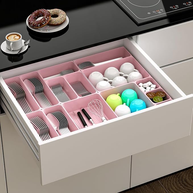 60 Pcs Plastic Drawer Organizer Set,5 Size Small Storage Containers for Organizing Jewelry,Utensil,Junk,Tea,Makeup,Shallow Drawer Organizers Tray Suitable for Office,Desk,Bathroom,Vanity,Kitchen,Pink