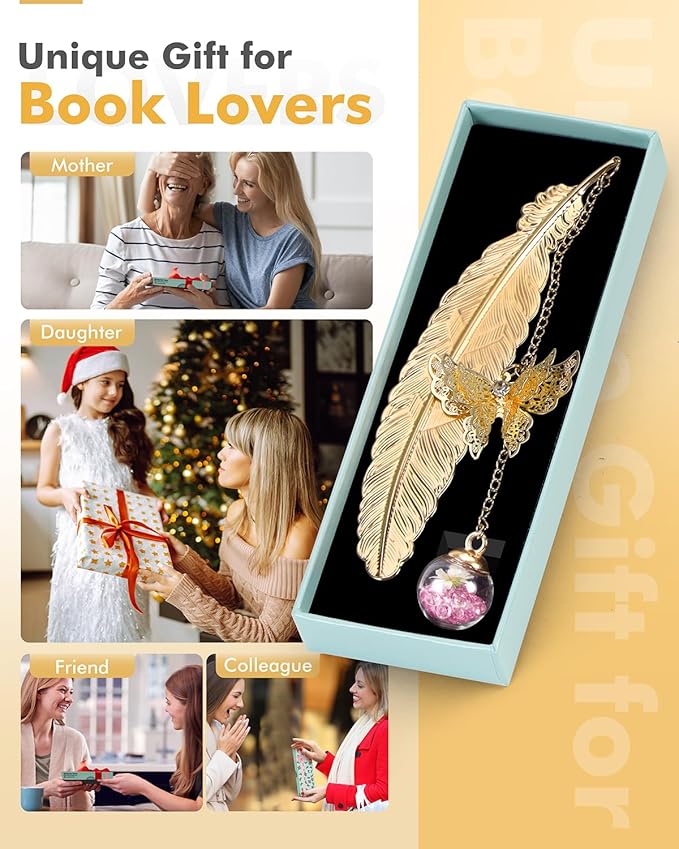 Bookmark Christmas Gifts for Women Teacher - Cute Metal Bookmarks Stocking Stuffers for Teens Coworker Book Lovers Student, Unique Feather Butterfly Book Mark Cool Birthday Book Club Stuff Gift Ideas