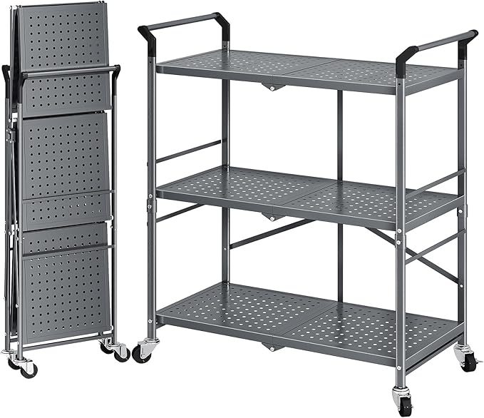 Rolling Utility Cart Folding Cart with Wheels - 3 Tier Collapsible Metal Cart, Large Capacity